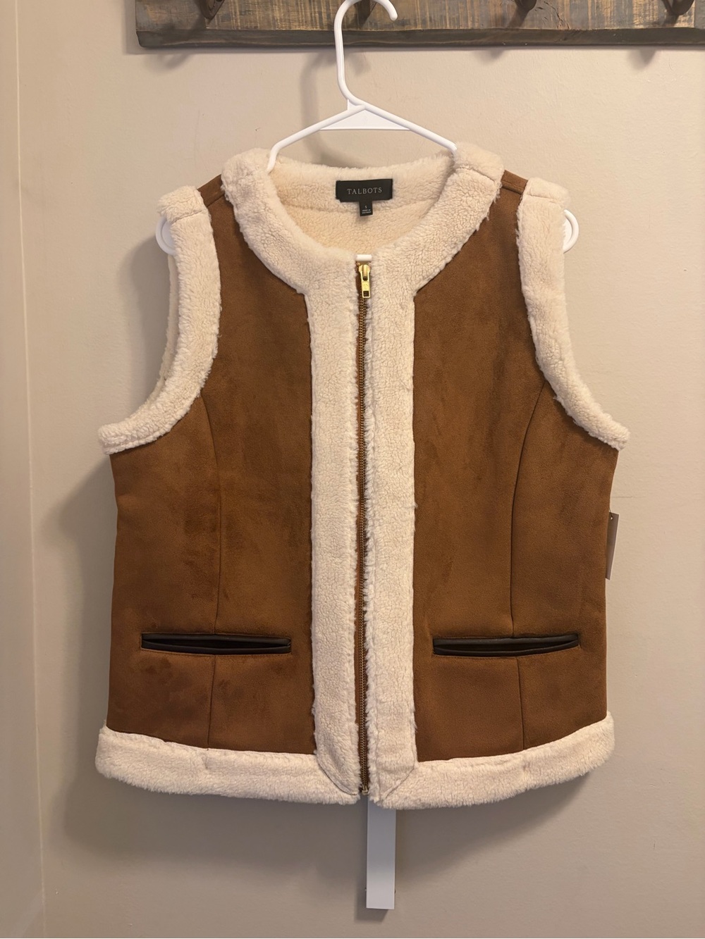 Talbots Womens Faux Suede Sherpa Vest Size S Brown Cream NWT Zip Shearling Style